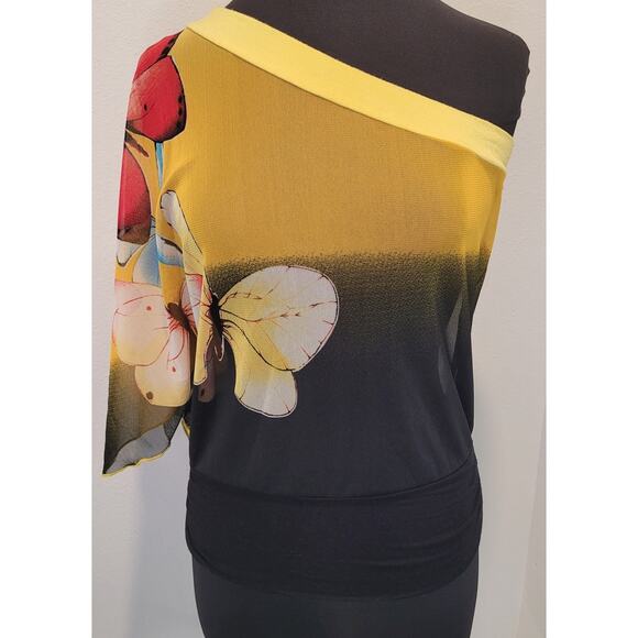 Y2K Ombre Butterfly One Shoulder Top Yellow Black Vintage Small - Picture 1 of 8